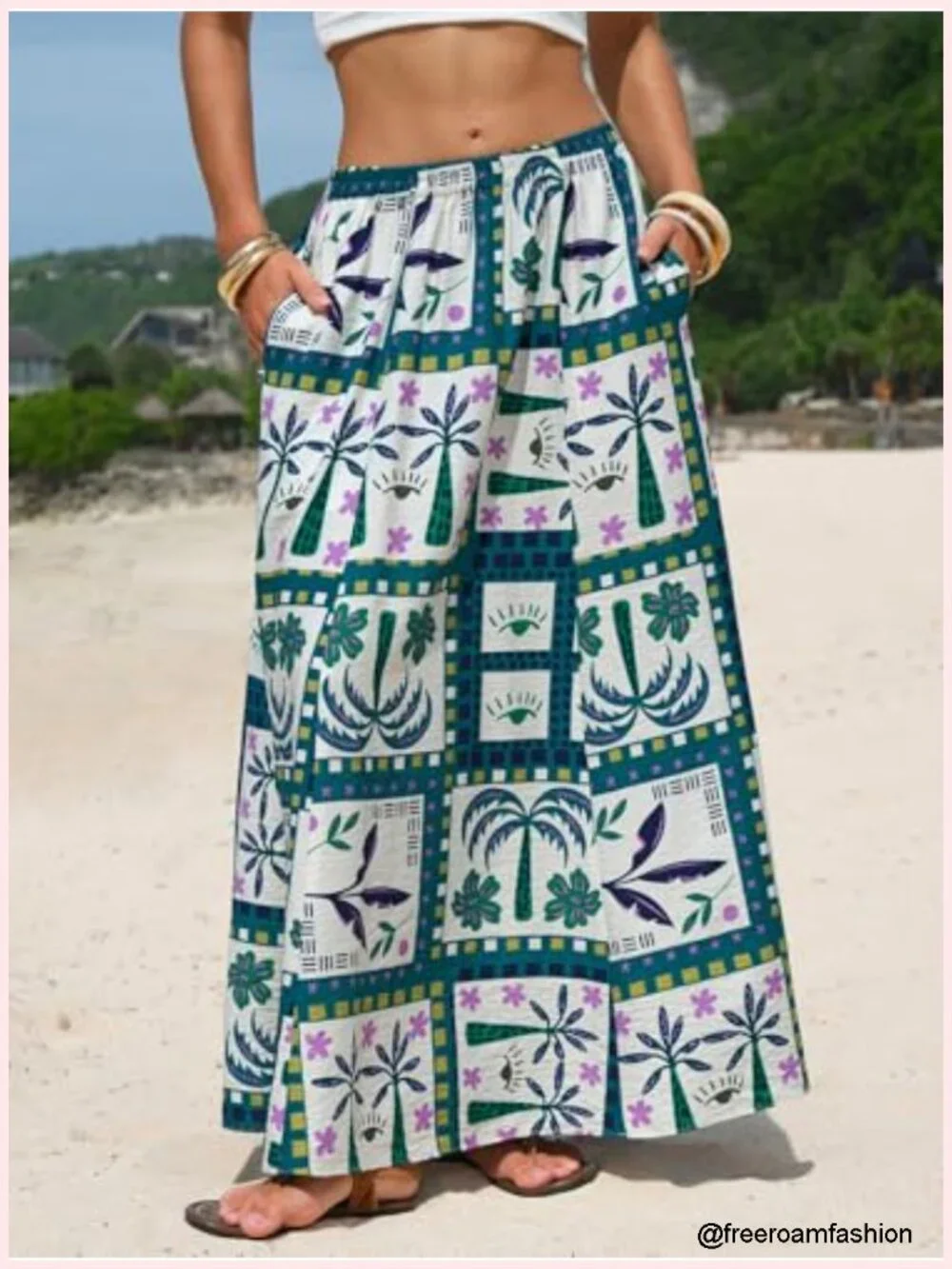 Women's Floral Maxi Skirt with Pockets Elastic Waist A-Line Boho for Beach
